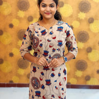 Kalamkari Hand Block Print with Lotus & Peacock Designs - KAL 1224