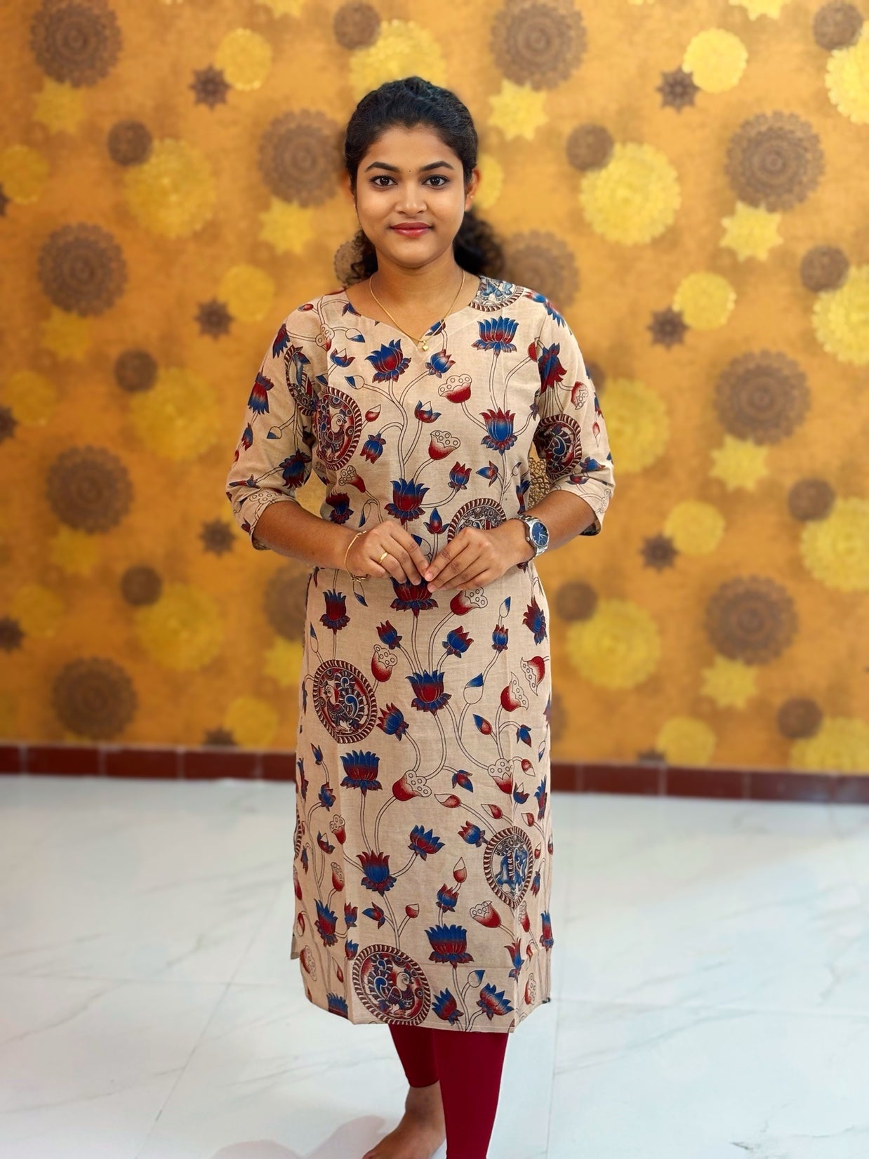 Kalamkari Hand Block Print with Lotus & Peacock Designs - KAL 1224
