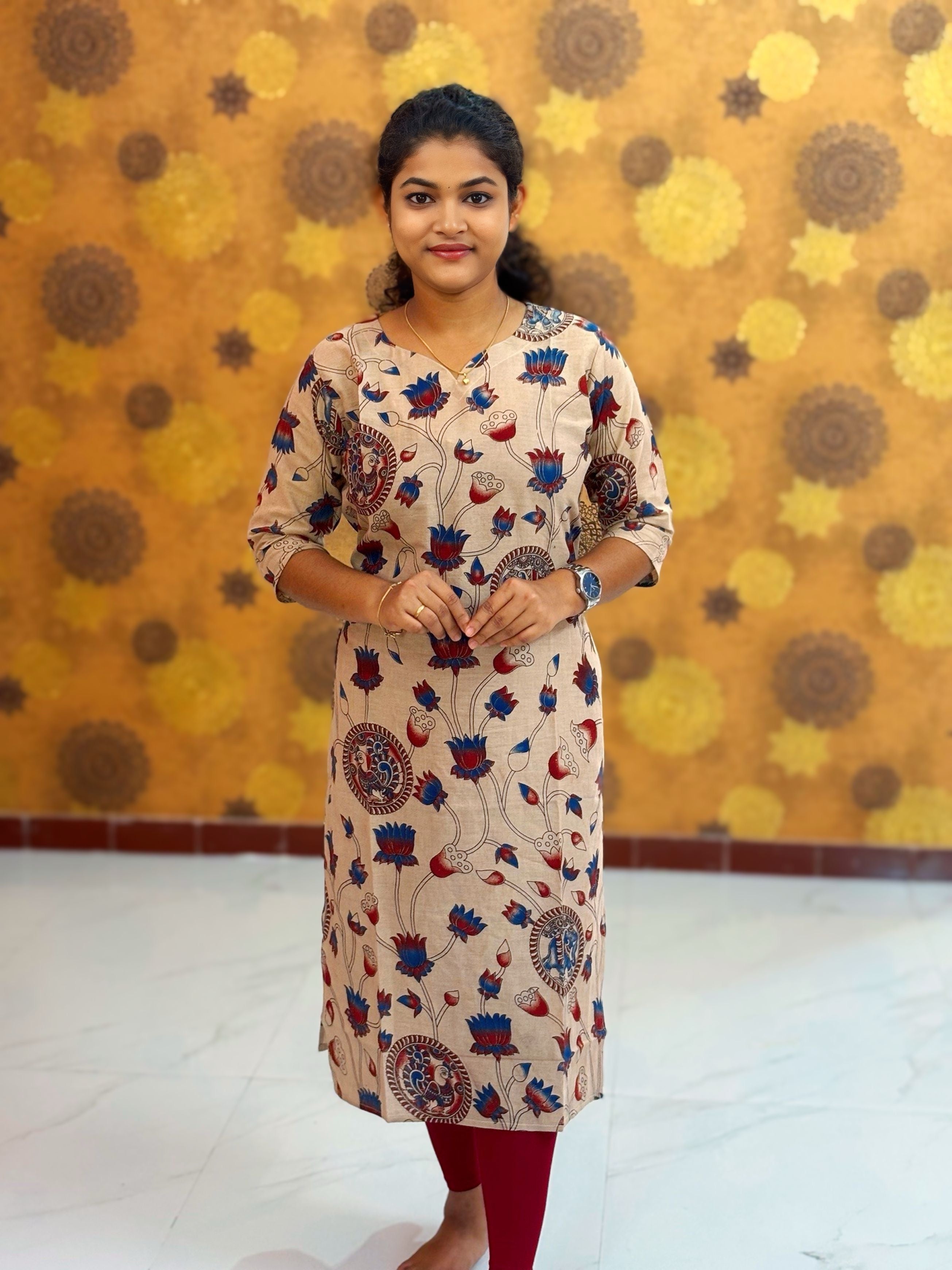 Kalamkari Hand Block Print with Lotus & Peacock Designs - KAL 1224