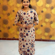 Kalamkari Hand Block Print with Lotus & Peacock Designs - KAL 1224