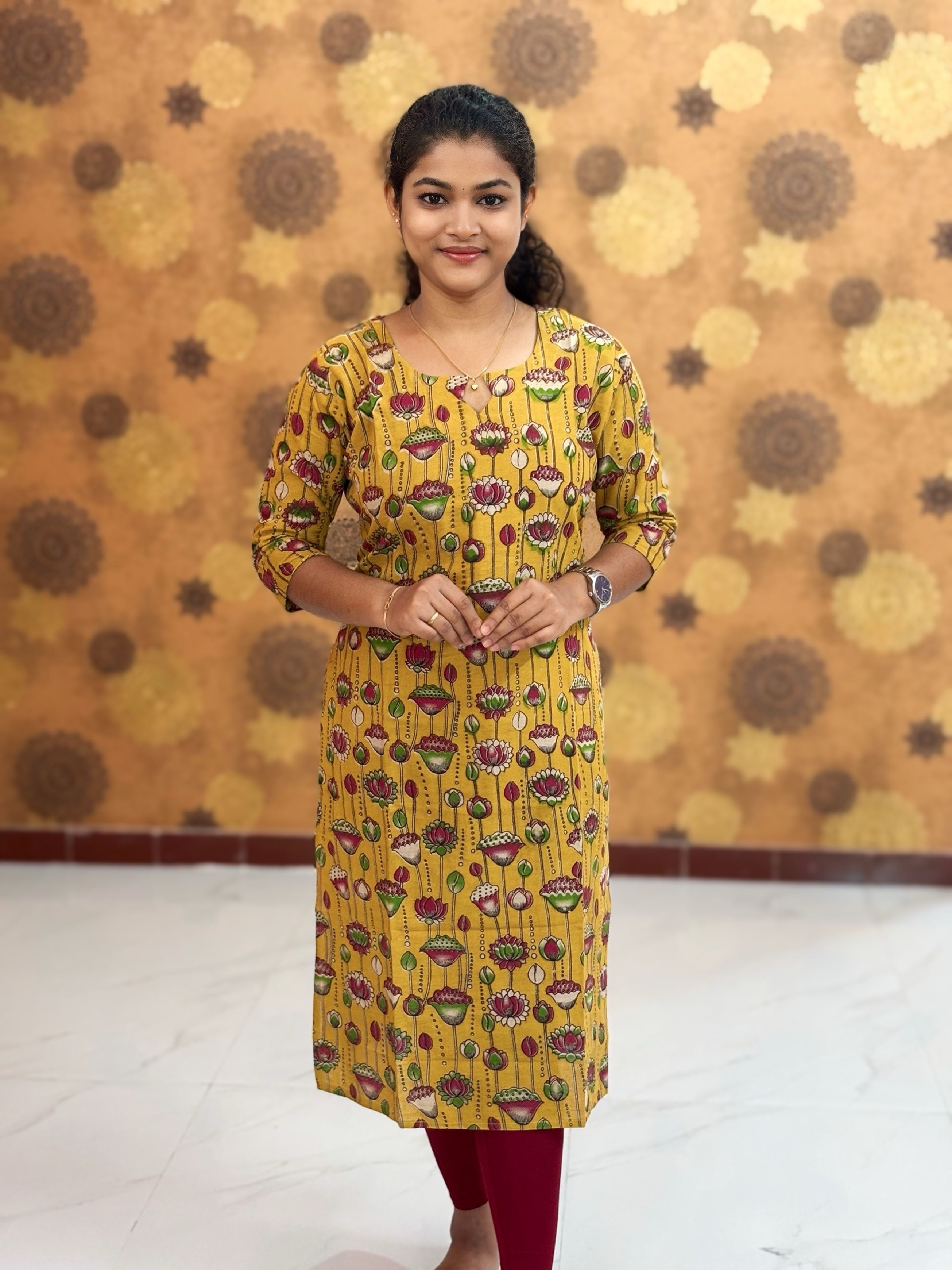 Kalamkari Hand Block Print with Lotus & Peacock Designs - KAL 1223