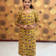 Kalamkari Hand Block Print with Lotus & Peacock Designs - KAL 1223