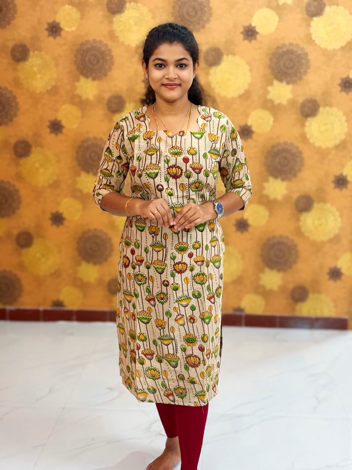 Kalamkari Hand Block Print with Lotus & Peacock Designs - KAL 1222