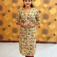 Kalamkari Hand Block Print with Lotus & Peacock Designs - KAL 1222