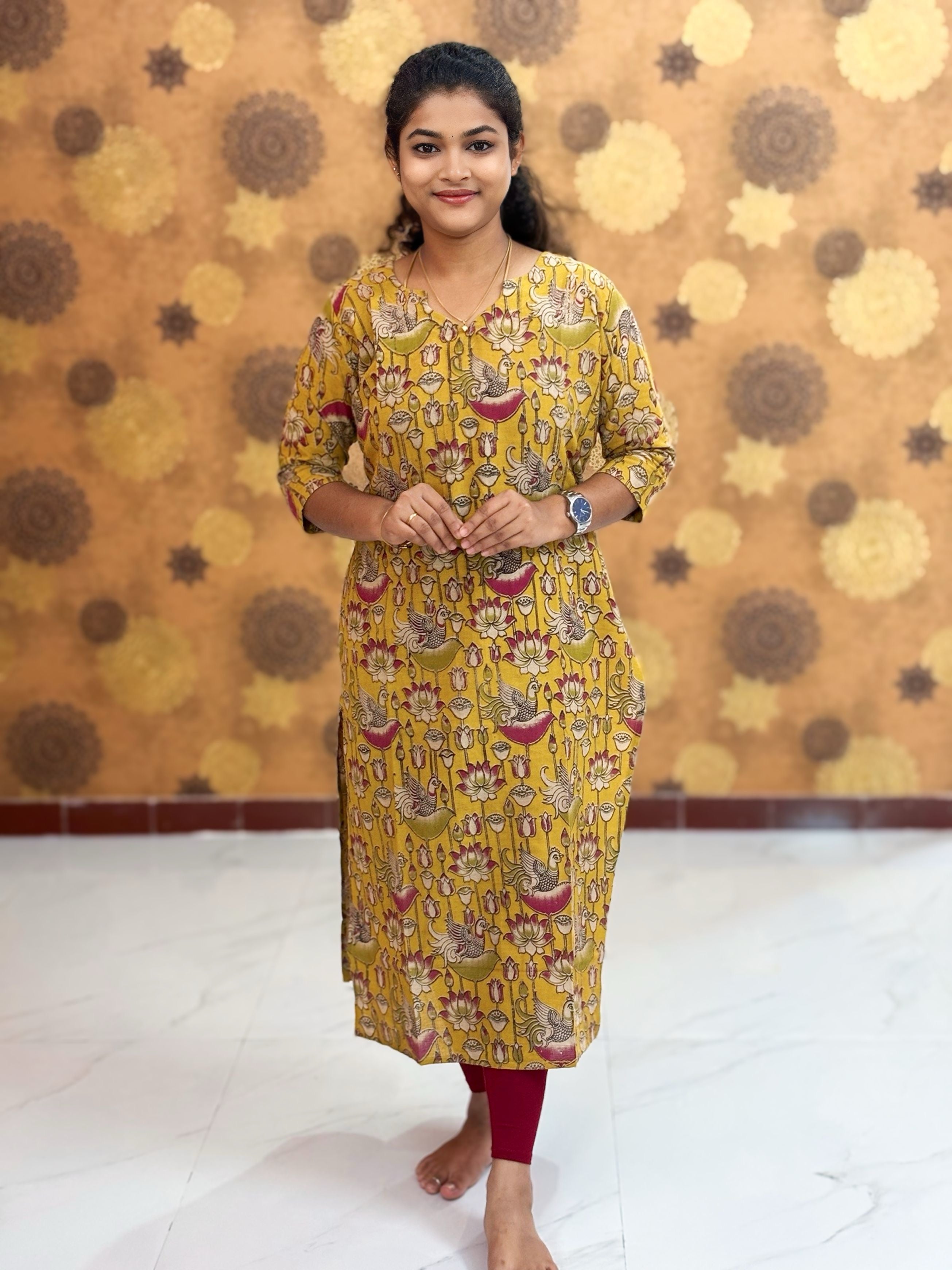 Kalamkari Hand Block Print with Lotus & Peacock Designs - KAL 1221