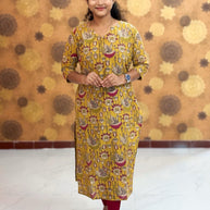 Kalamkari Hand Block Print with Lotus & Peacock Designs - KAL 1221