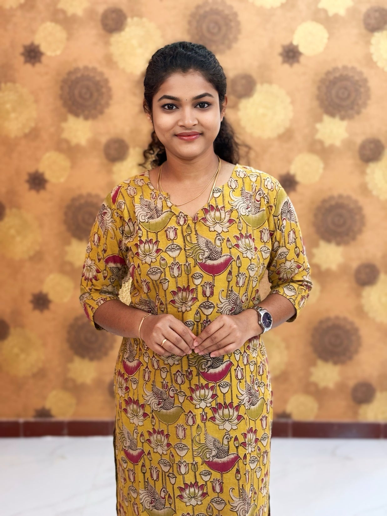 Kalamkari Hand Block Print with Lotus & Peacock Designs - KAL 1221