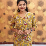Kalamkari Hand Block Print with Lotus & Peacock Designs - KAL 1221