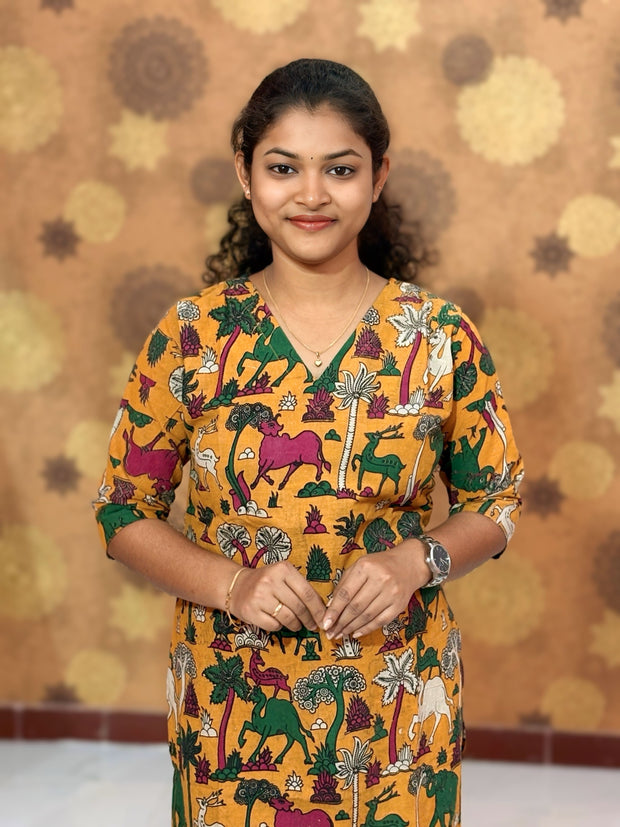 Kalamkari Hand Block Print with Traditional Designs - KAL 1247